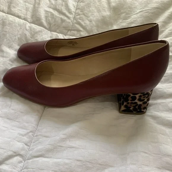 Dark Red Leather Leopard Pump Shoes - Picture 3 of 7